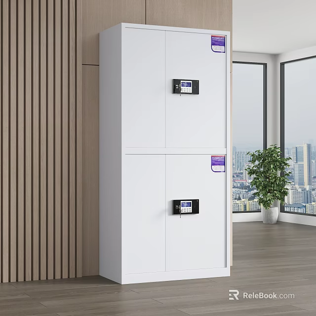 Modern White Bookcase With Electronic Lock Doors In Modern Room With Windows And Plants 3d model 