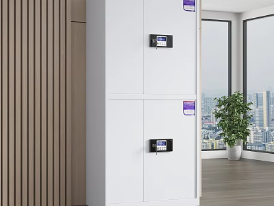 Modern White Bookcase With Electronic Lock Doors In Modern Room With Windows And Plants 3d model