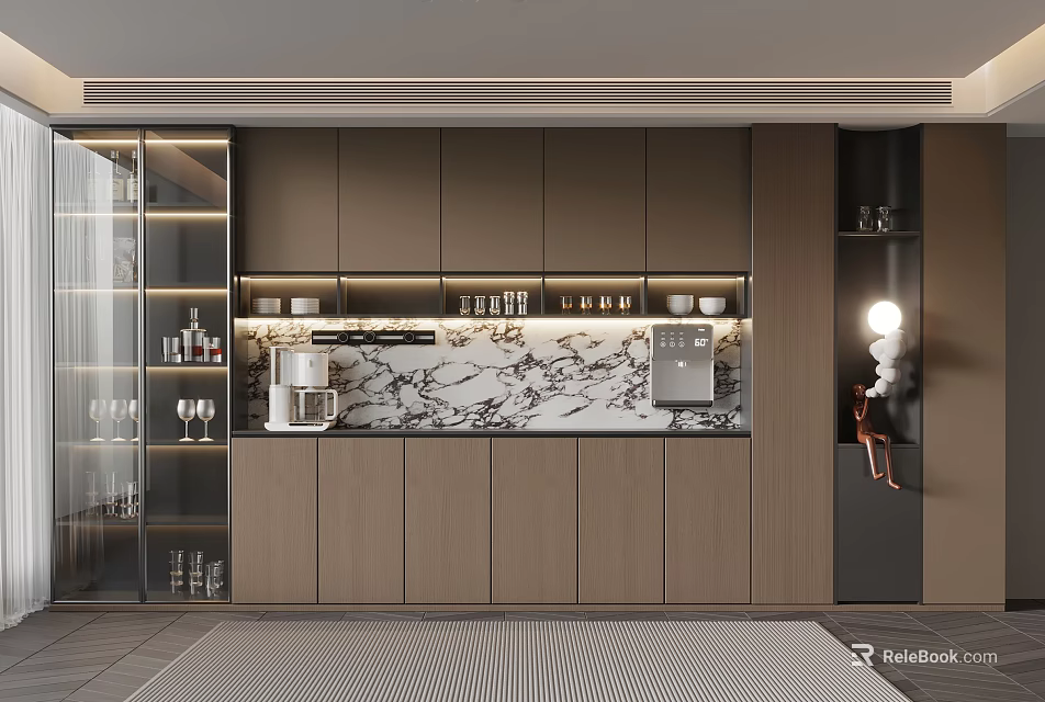 Elegant Modern Wine Cabinet With Glass Doors Wooden Panels Marble Backsplash And Coffee Machine 3d model 