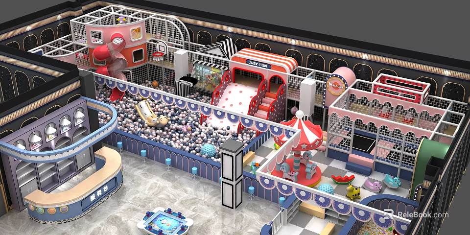 Indoor Playground with Ball Pit Slide Cartoon Themed Structures Colorful Decorations Enclosed Play Zones 3d model 