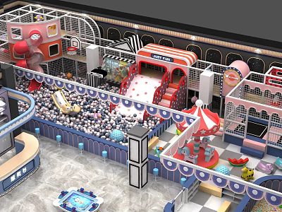 Indoor Playground with Ball Pit Slide Cartoon Themed Structures Colorful Decorations Enclosed Play Zones 3d model