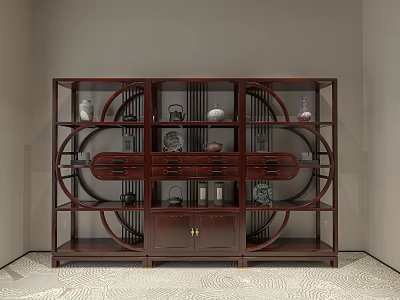 Chinese Style Dark Wood Curio Cabinet With Multiple Compartments Displaying Decorative Vases And Tea Sets 3d model
