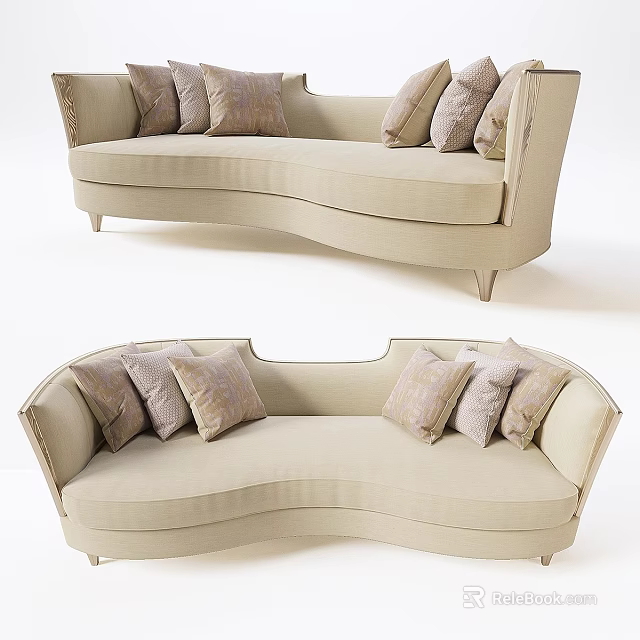 Elegant Modern Beige Two Seater Sofa With Curved Design And Decorative Pillows 3d model