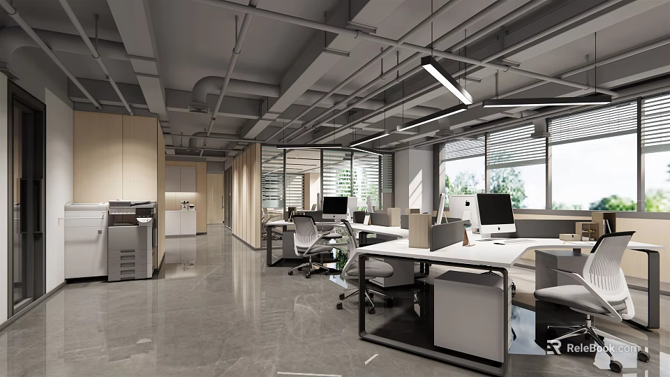 Modern Public Office Space with Open Layout Office Desks Computers Pendant Lights and Large Windows 3d model 
