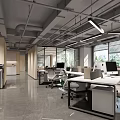 Modern Public Office Space with Open Layout Office Desks Computers Pendant Lights and Large Windows