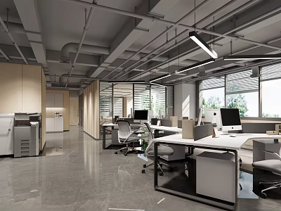 Modern Public Office Space with Open Layout Office Desks Computers Pendant Lights and Large Windows 3d model