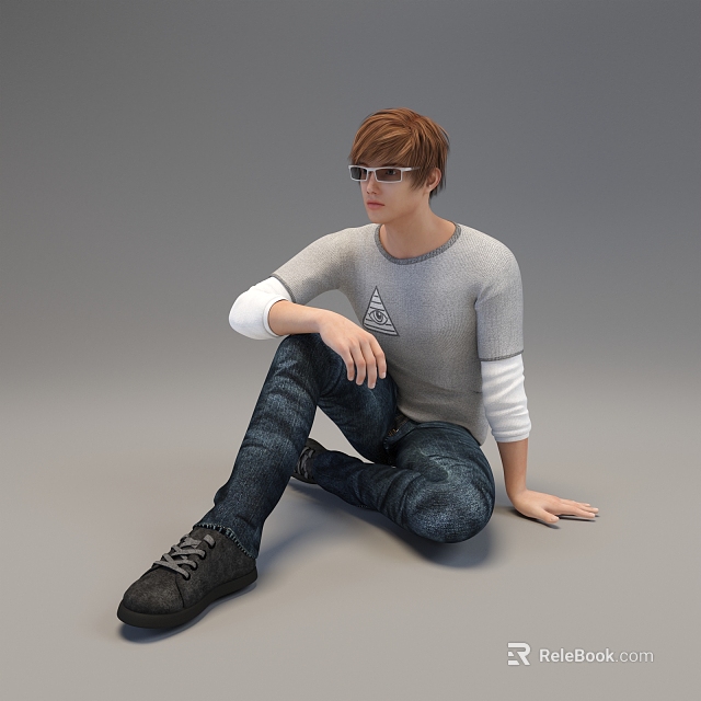 Man Sitting With Sunglasses Gray T Shirt Triangle White Sleeves Blue Jeans Black Shoes 3d model 