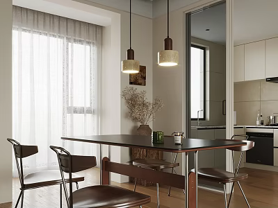 Modern Dining Area With Wooden Table Chairs Pendant Lights Window Curtains And Open Kitchen 3d model