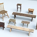 Various Wooden Stools And Benches With Different Designs Including Backrests And Simple Styles 3d model