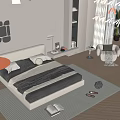 Modern Minimalist Double Bed With Black White Bedding Nightstand And Table Lamp