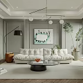 Modern Living Room Interior With White Sofa Round Glass Coffee Table And Decorative Painting