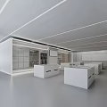 Modern Minimalist Office Open Space Featuring White Tone Gray Floor Glass Partition And Display Shelves