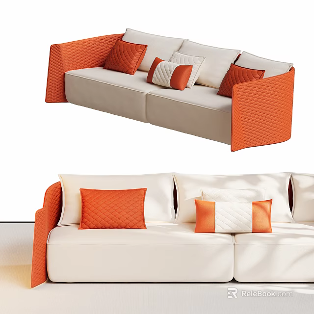 Orange And White Three Seater Sofa With Modern Design Decorative Quilted Pillows 3d model