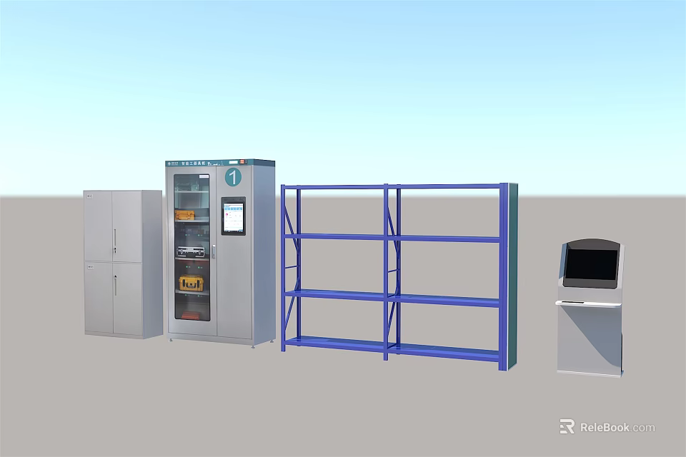 Blue Metal Shelf Bookcase With Multiple Layers In Indoor Storage Setting 3d model