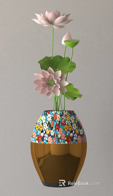 Colorful Floral Pattern Vase Holding Pink Lotus Flower And Green Leaves For Home Decor 3d model 