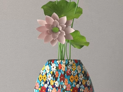 Colorful Floral Pattern Vase Holding Pink Lotus Flower And Green Leaves For Home Decor 3d model
