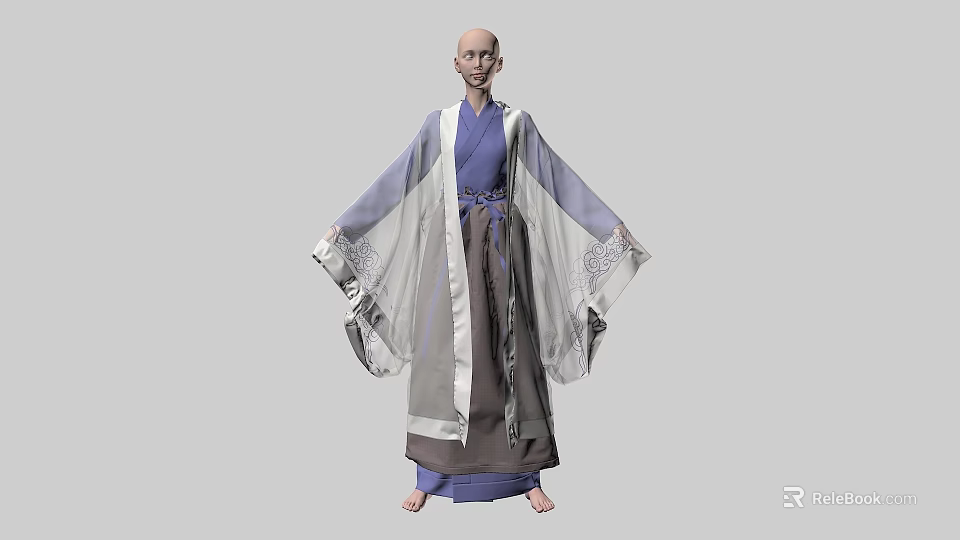 Traditional Costume Clothes Hanger Displaying Blue Gray Purple Robe With Wide Sleeves And White Decorations 3d model 