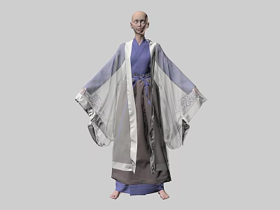 Traditional Costume Clothes Hanger Displaying Blue Gray Purple Robe With Wide Sleeves And White Decorations 3d model