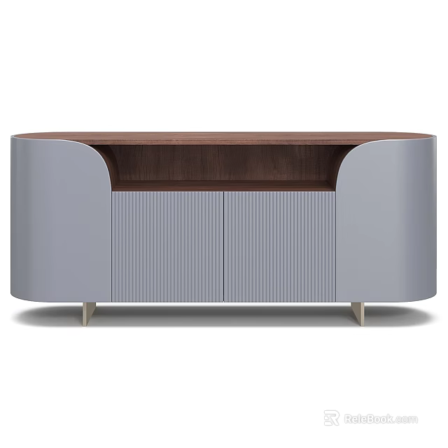 Modern Elegant Curved TV Stand With Wood Tabletop Grey Fluted Storage Cabinets And Metal Legs 3d model 