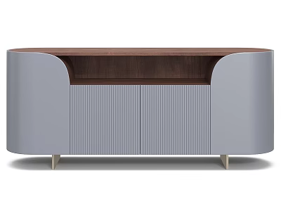 Modern Elegant Curved TV Stand With Wood Tabletop Grey Fluted Storage Cabinets And Metal Legs 3d model