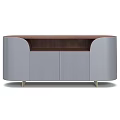 Modern Elegant Curved TV Stand With Wood Tabletop Grey Fluted Storage Cabinets And Metal Legs