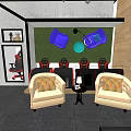 Modern Shopping Mall Store Interior With Colorful Murals Comfortable Seating And Display Shelves