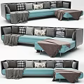 Modern Blue Sectional Sofa With Gray Plaid And Patterned Pillows And Throw Blankets 3d model
