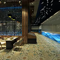Modern Restaurant Interior With Shell Decorations Pendant Lights Patterned Tiles And Blue Wave Bar 3d model