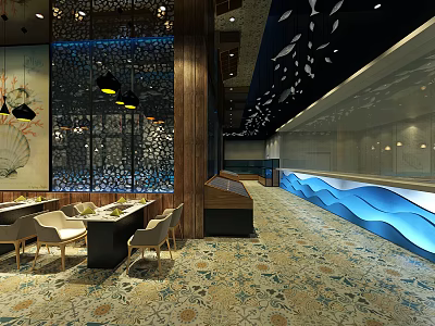 Modern Restaurant Interior With Shell Decorations Pendant Lights Patterned Tiles And Blue Wave Bar 3d model