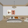 Japanese Bedroom Interior With Platform Bed Wooden Flooring Hanging Lamp And Decorative Paintings