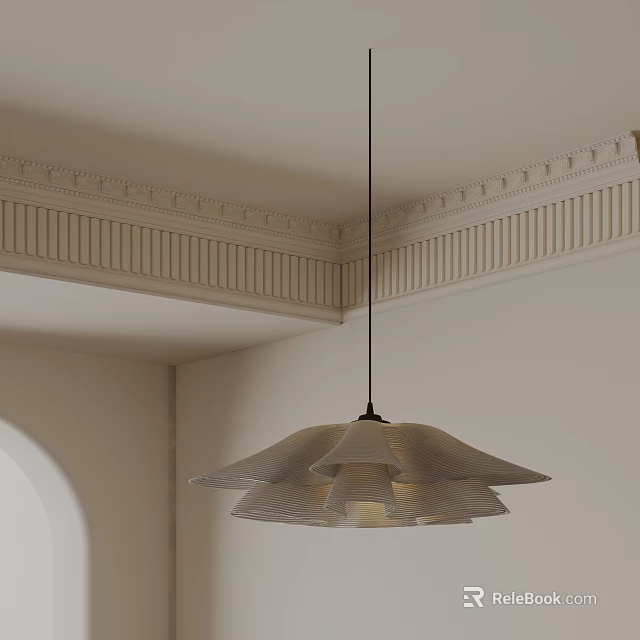 Layered Petal Shaped Chandelier In Room Corner With Decorative Cornice 3d model 