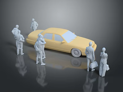 Yellow Sedan Car Surrounded by Standing People Figures in Model 3d model