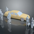 Yellow Sedan Car Surrounded by Standing People Figures in Model 3d model