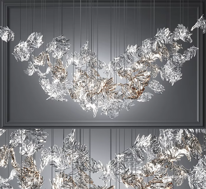 Artistic Modern Chandelier With Transparent Leaf Shaped Elements And Metallic Accents On Gray Striped Wall 3d model 