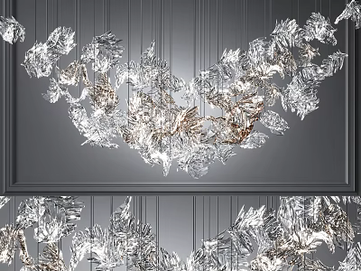 Artistic Modern Chandelier With Transparent Leaf Shaped Elements And Metallic Accents On Gray Striped Wall 3d model