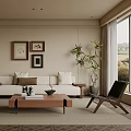 Modern Living Room Interior With White Sofa Wooden Coffee Table Artwork And Plant