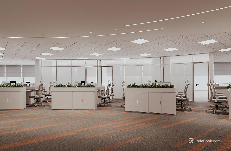Modern Public Office Space With Open Workstations Ergonomic Chairs And Green Plants 3d model 