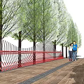 Scenic Bridge With Red Railings Wavy Design Wooden Deck And People Walking Among Trees