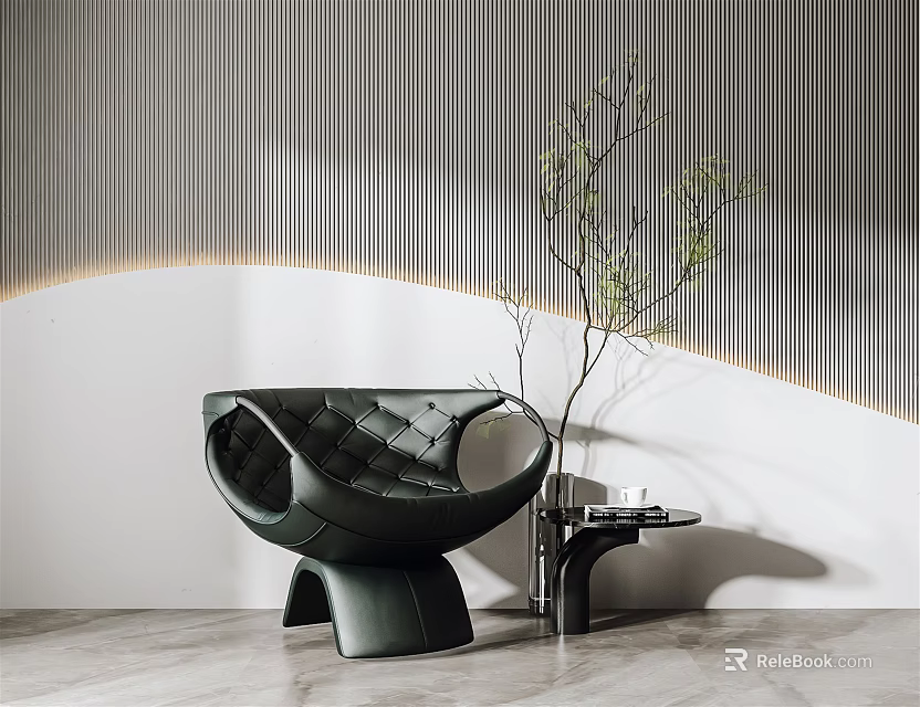 Modern Single Sofa With Quilted Leather Design In Vertical Striped Wall Interior 3d model