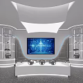 Modern Tech Display Space With White Display Stand Large Screens And Lighting Design 3d model