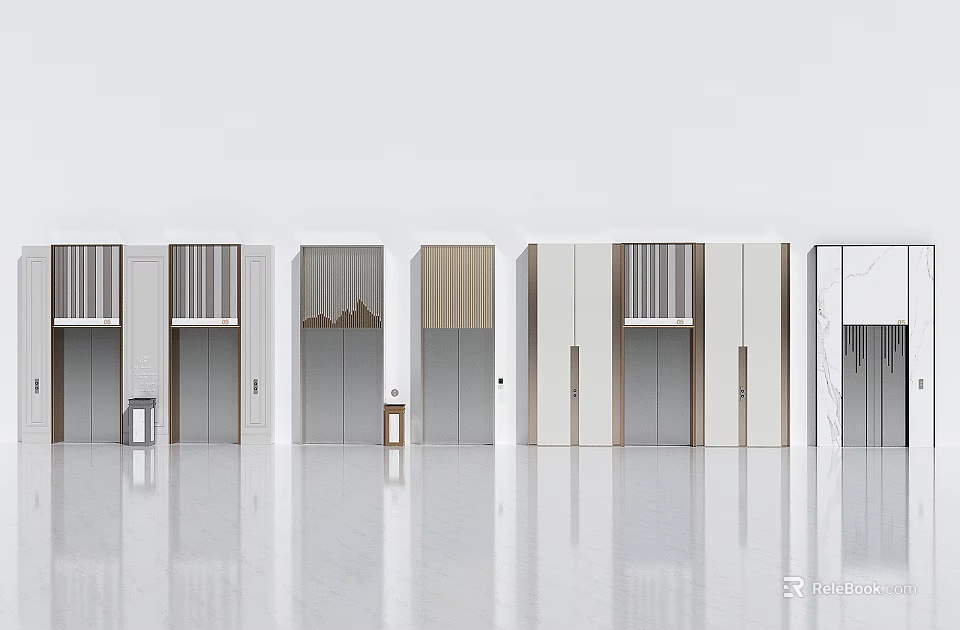 Modern Public Facilities Elevator Lobby With Multiple White Doors Smooth Floor And Trash Bin 3d model 