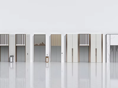 Modern Public Facilities Elevator Lobby With Multiple White Doors Smooth Floor And Trash Bin 3d model