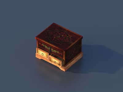 Decorative Ornament Set Including Vintage Wooden Box with Floral Pattern and Two Drawers Golden Accents 3d model