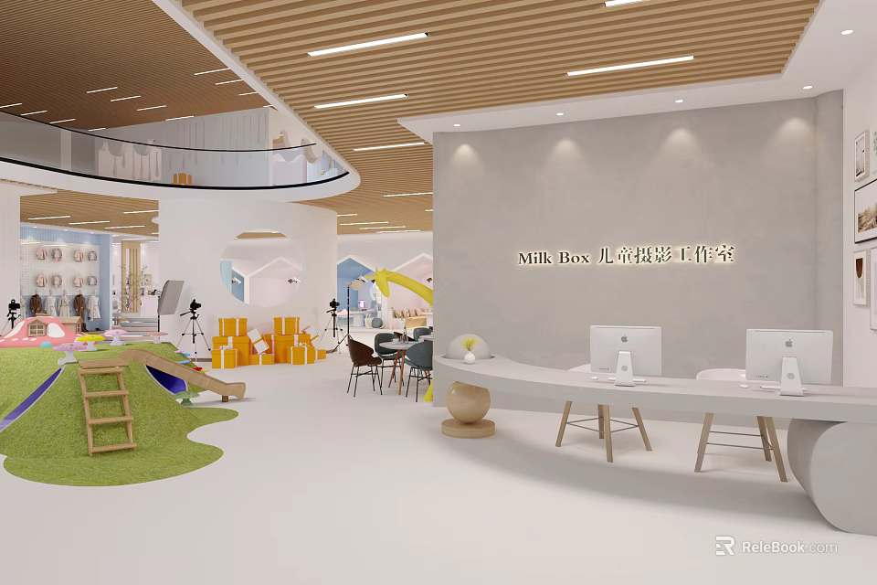 Hotel Lobby Interior With Wooden Ceiling Curved Structure Reception Desk And Colorful Children's Area 3d model 