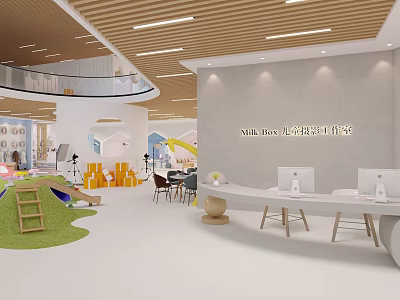 Hotel Lobby Interior With Wooden Ceiling Curved Structure Reception Desk And Colorful Children's Area 3d model