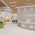 Hotel Lobby Interior With Wooden Ceiling Curved Structure Reception Desk And Colorful Children's Area