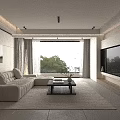 Modern Minimalist Light Toned Living And Dining Room With Cozy Sofa And Large Window Views