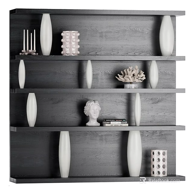 Modern Gray Wooden Open Bookcase With Sculptures Coral Decor And Books 3d model 