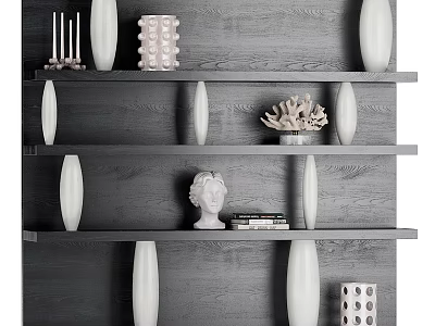 Modern Gray Wooden Open Bookcase With Sculptures Coral Decor And Books 3d model