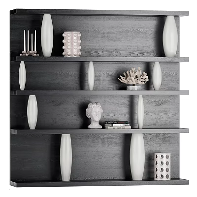 Modern Gray Wooden Open Bookcase With Sculptures Coral Decor And Books 3d model